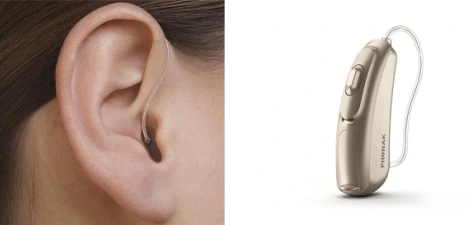 Niewidoczne aparaty słuchowe zauszne typu RIC, które zawierają słuchawkę umieszczoną w uchu oraz możliwość łączności bezprzewodowej przez bluetooth.