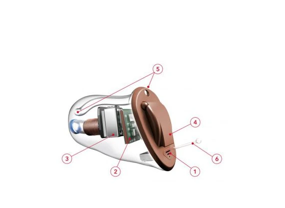 Aparaty słuchowe noszone w uchu są pokazane na schemacie, który ilustruje lokalizację słuchawki, wzmacniacza oraz mikrofonu.