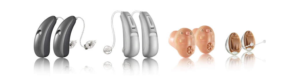 Rodzaje aparatów słuchowych ilustrujące ich rozmiar oraz położenie na uchu i w kanale słuchowym Pacjenta.